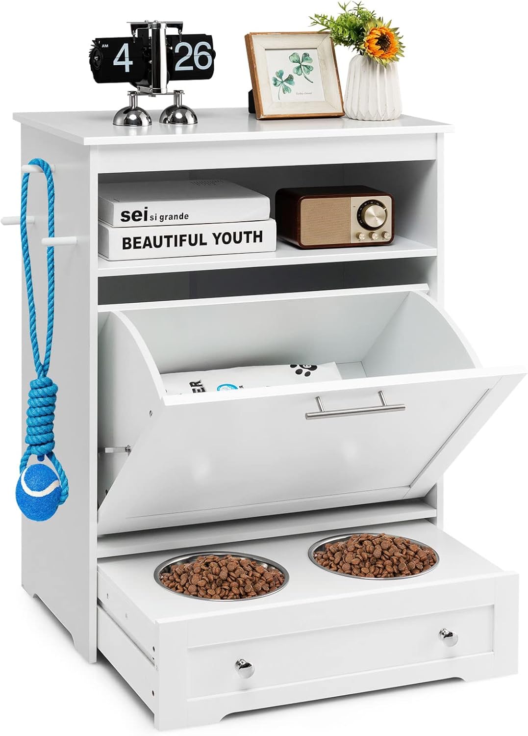 Pet Feeder Station, Dog Food Storage Container with Double Pull Out Dog Bowls, Pet Food Toy Organizer Cabinet, Pet Feeding Station Furniture for Dogs Cats Feeding & Watering Supplies (White)