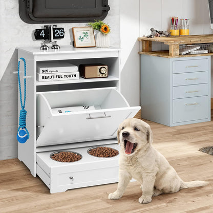 Pet Feeder Station, Dog Food Storage Container with Double Pull Out Dog Bowls, Pet Food Toy Organizer Cabinet, Pet Feeding Station Furniture for Dogs Cats Feeding & Watering Supplies (White)