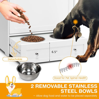 Pet Feeder Station, Dog Food Storage Container with Double Pull Out Dog Bowls, Pet Food Toy Organizer Cabinet, Pet Feeding Station Furniture for Dogs Cats Feeding & Watering Supplies (White)