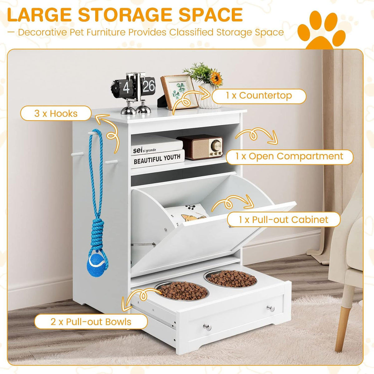 Pet Feeder Station, Dog Food Storage Container with Double Pull Out Dog Bowls, Pet Food Toy Organizer Cabinet, Pet Feeding Station Furniture for Dogs Cats Feeding & Watering Supplies (White)