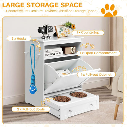 Pet Feeder Station, Dog Food Storage Container with Double Pull Out Dog Bowls, Pet Food Toy Organizer Cabinet, Pet Feeding Station Furniture for Dogs Cats Feeding & Watering Supplies (White)
