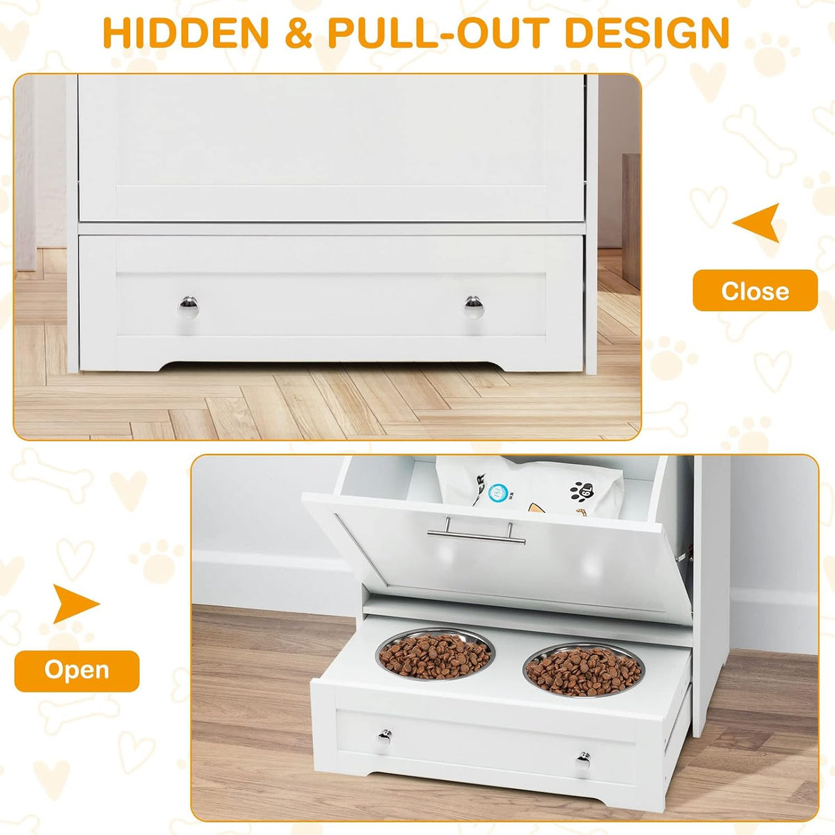 Pet Feeder Station, Dog Food Storage Container with Double Pull Out Dog Bowls, Pet Food Toy Organizer Cabinet, Pet Feeding Station Furniture for Dogs Cats Feeding & Watering Supplies (White)