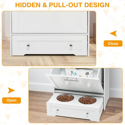 Pet Feeder Station, Dog Food Storage Container with Double Pull Out Dog Bowls, Pet Food Toy Organizer Cabinet, Pet Feeding Station Furniture for Dogs Cats Feeding & Watering Supplies (White)