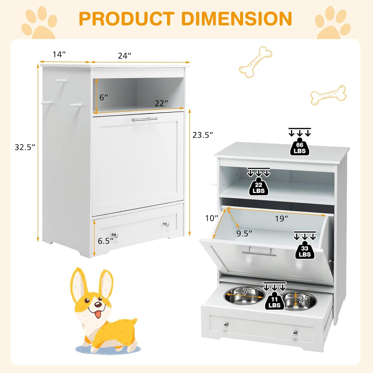 Pet Feeder Station, Dog Food Storage Container with Double Pull Out Dog Bowls, Pet Food Toy Organizer Cabinet, Pet Feeding Station Furniture for Dogs Cats Feeding & Watering Supplies (White)