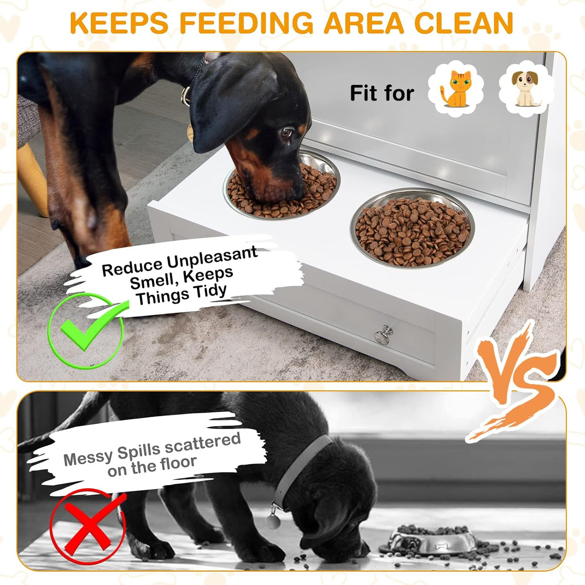 Pet Feeder Station, Dog Food Storage Container with Double Pull Out Dog Bowls, Pet Food Toy Organizer Cabinet, Pet Feeding Station Furniture for Dogs Cats Feeding & Watering Supplies (White)