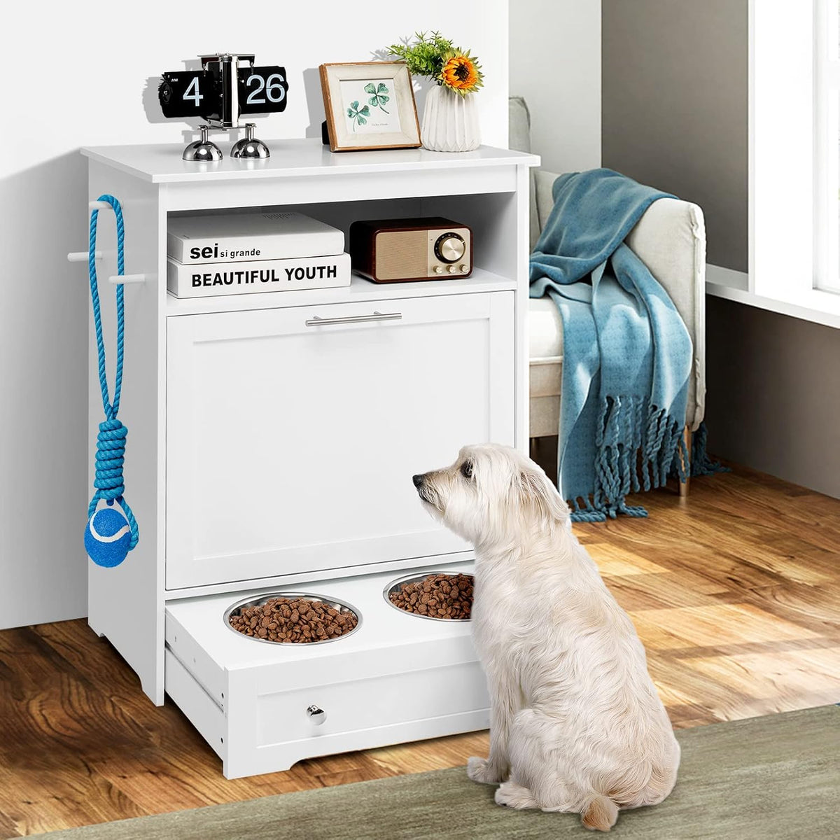 Pet Feeder Station, Dog Food Storage Container with Double Pull Out Dog Bowls, Pet Food Toy Organizer Cabinet, Pet Feeding Station Furniture for Dogs Cats Feeding & Watering Supplies (White)
