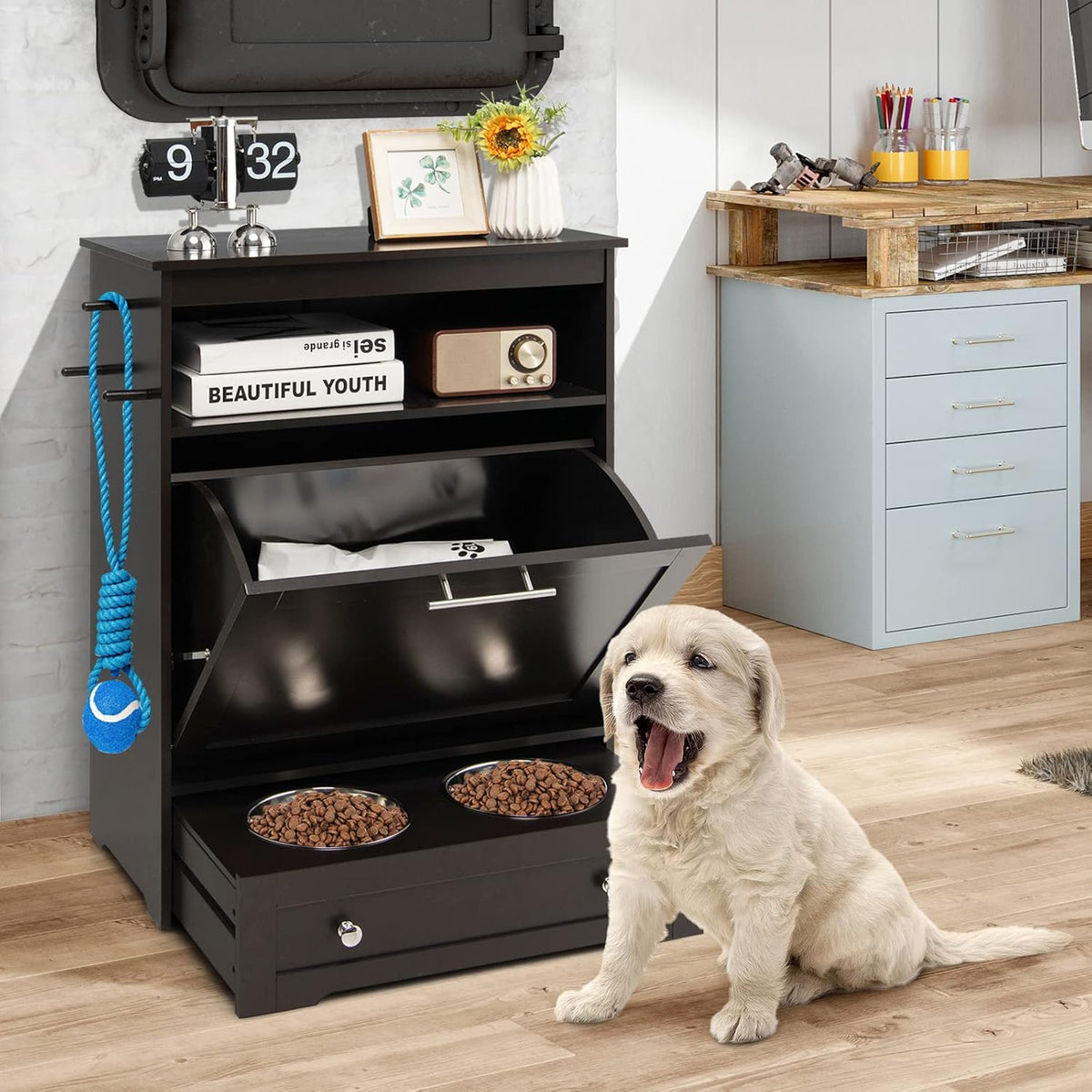 Pet Feeder Station, Dog Food Storage Container with Double Pull Out Dog Bowls, Pet Food Toy Organizer Cabinet, Pet Feeding Station Furniture for Dogs Cats Feeding & Watering Supplies (White)