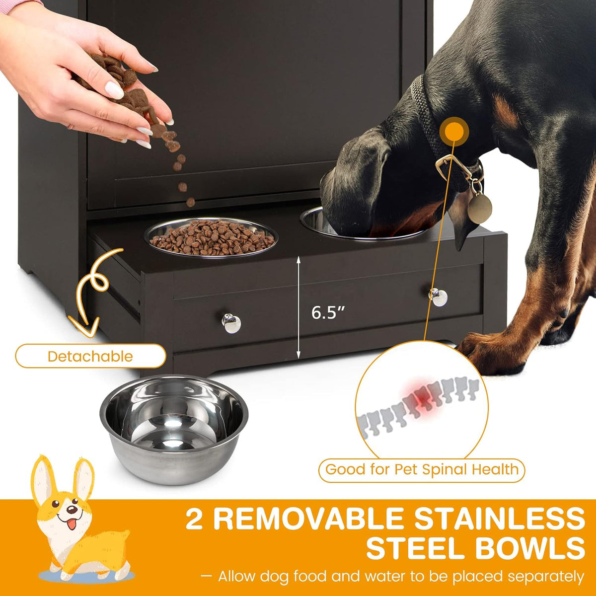 Pet Feeder Station, Dog Food Storage Container with Double Pull Out Dog Bowls, Pet Food Toy Organizer Cabinet, Pet Feeding Station Furniture for Dogs Cats Feeding & Watering Supplies (White)
