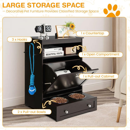 Pet Feeder Station, Dog Food Storage Container with Double Pull Out Dog Bowls, Pet Food Toy Organizer Cabinet, Pet Feeding Station Furniture for Dogs Cats Feeding & Watering Supplies (White)