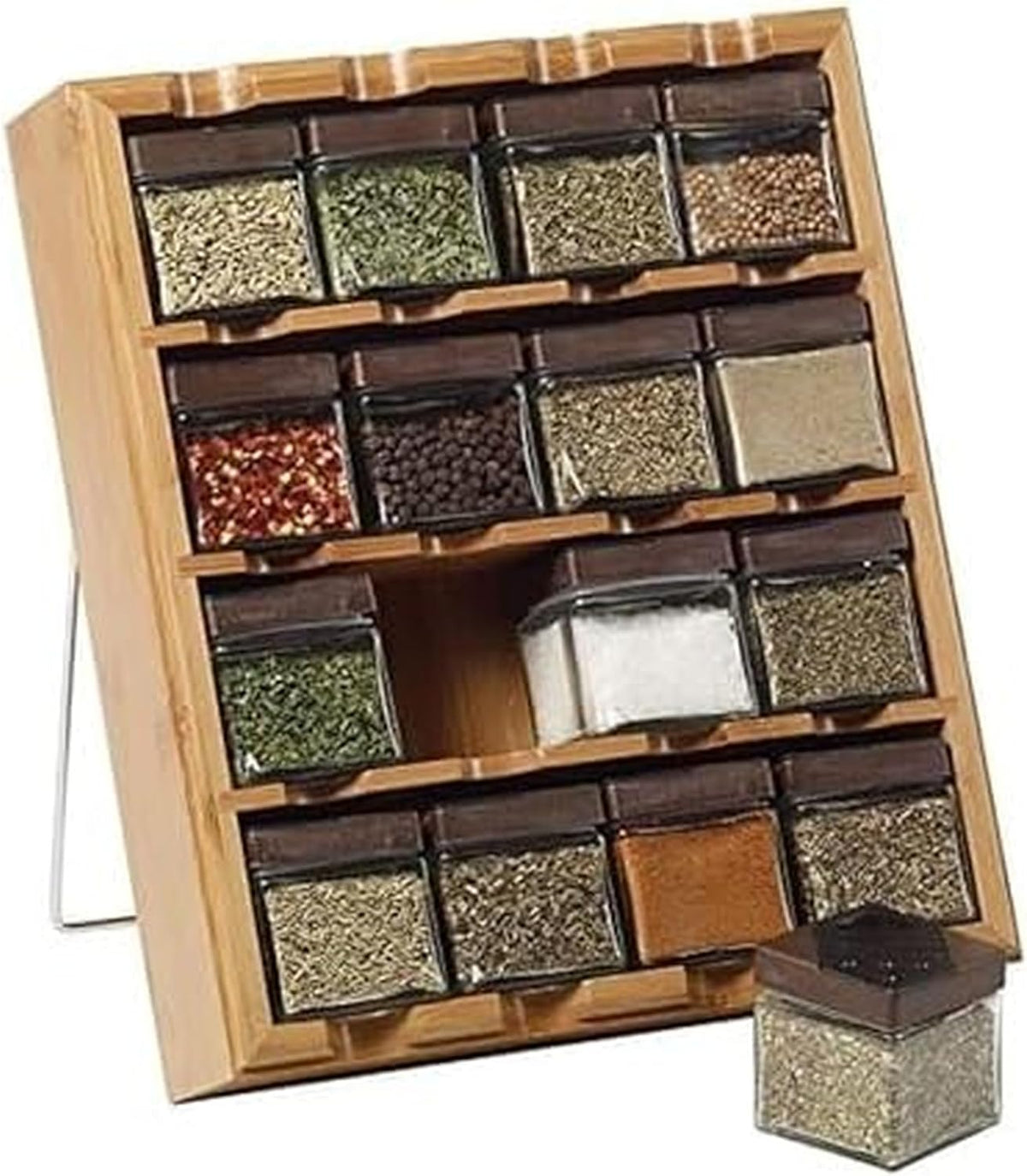 16 Jar Warner Revolving Countertop Spice Rack Organizer with Lift & Pour Caps and Spices Included, FREE Spice Refills for 5 years, Stainless Steel & Bamboo with Black Caps