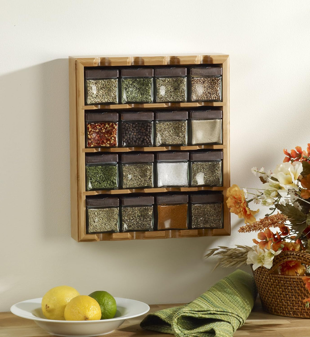 16 Jar Warner Revolving Countertop Spice Rack Organizer with Lift & Pour Caps and Spices Included, FREE Spice Refills for 5 years, Stainless Steel & Bamboo with Black Caps