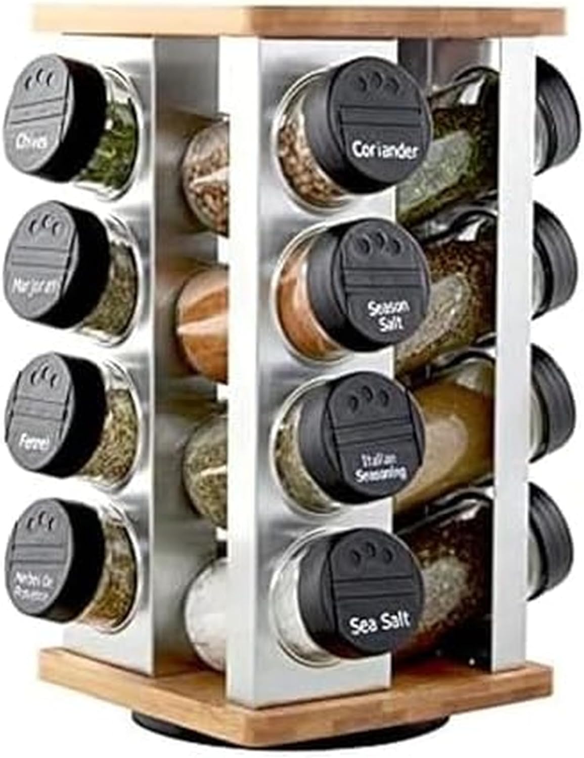 16 Jar Warner Revolving Countertop Spice Rack Organizer with Lift & Pour Caps and Spices Included, FREE Spice Refills for 5 years, Stainless Steel & Bamboo with Black Caps