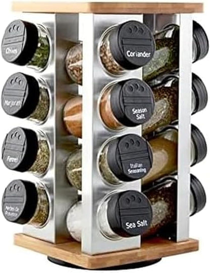 16 Jar Warner Revolving Countertop Spice Rack Organizer with Lift & Pour Caps and Spices Included, FREE Spice Refills for 5 years, Stainless Steel & Bamboo with Black Caps