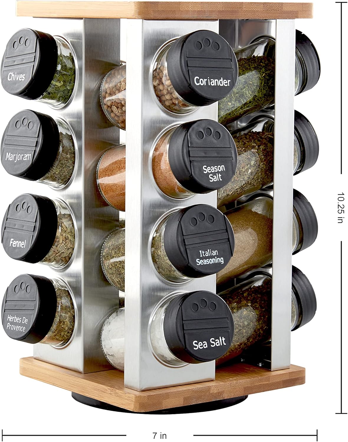 16 Jar Warner Revolving Countertop Spice Rack Organizer with Lift & Pour Caps and Spices Included, FREE Spice Refills for 5 years, Stainless Steel & Bamboo with Black Caps