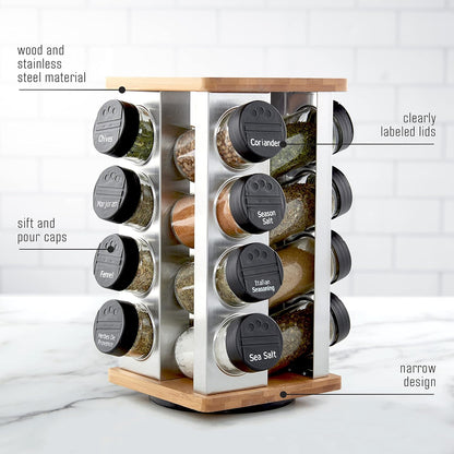 16 Jar Warner Revolving Countertop Spice Rack Organizer with Lift & Pour Caps and Spices Included, FREE Spice Refills for 5 years, Stainless Steel & Bamboo with Black Caps