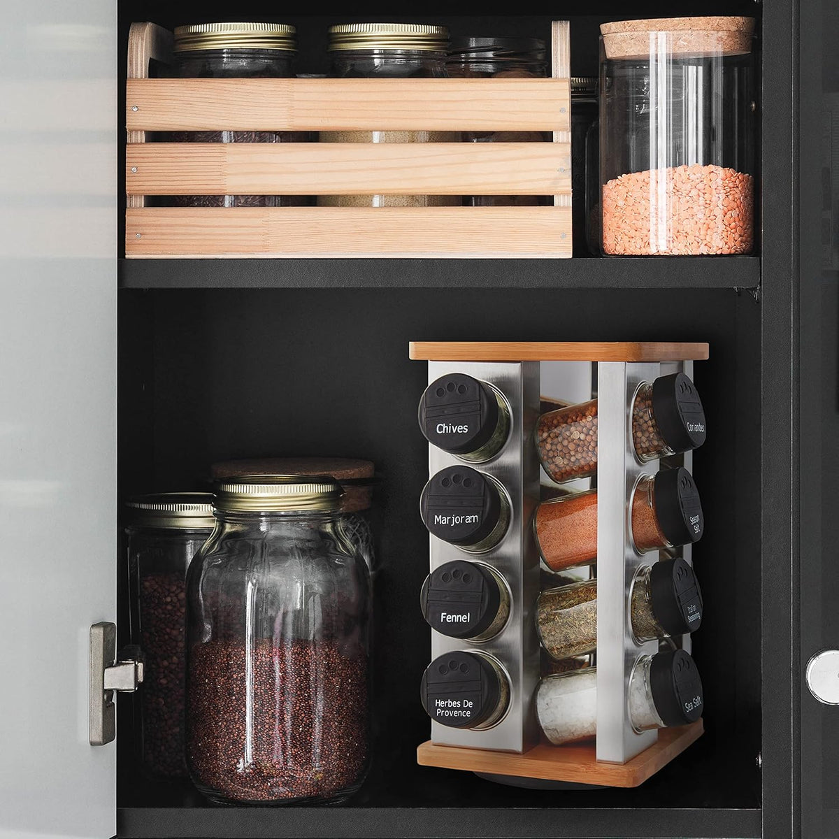 16 Jar Warner Revolving Countertop Spice Rack Organizer with Lift & Pour Caps and Spices Included, FREE Spice Refills for 5 years, Stainless Steel & Bamboo with Black Caps