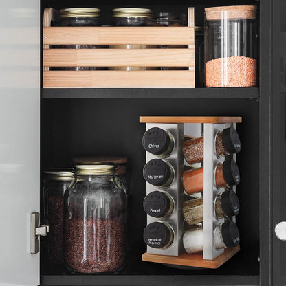 16 Jar Warner Revolving Countertop Spice Rack Organizer with Lift & Pour Caps and Spices Included, FREE Spice Refills for 5 years, Stainless Steel & Bamboo with Black Caps