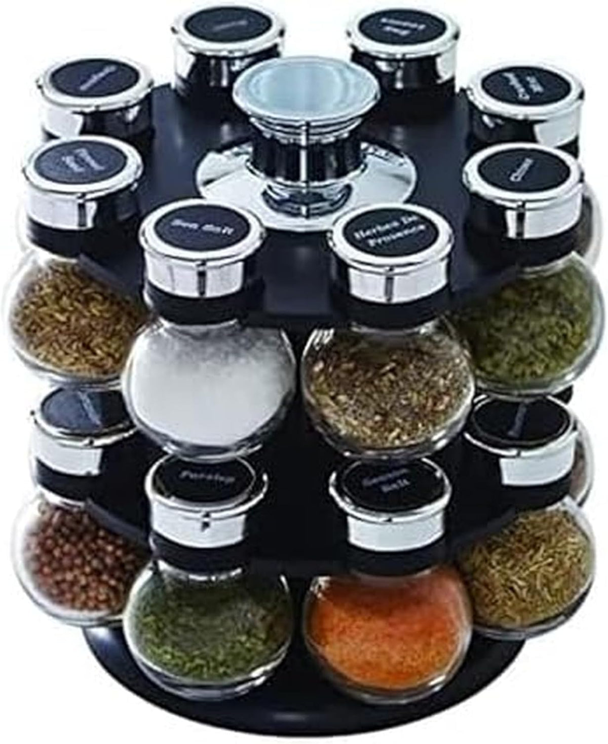 16 Jar Warner Revolving Countertop Spice Rack Organizer with Lift & Pour Caps and Spices Included, FREE Spice Refills for 5 years, Stainless Steel & Bamboo with Black Caps