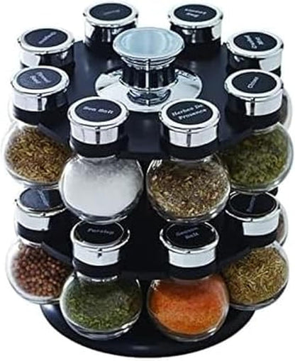 16 Jar Warner Revolving Countertop Spice Rack Organizer with Lift & Pour Caps and Spices Included, FREE Spice Refills for 5 years, Stainless Steel & Bamboo with Black Caps