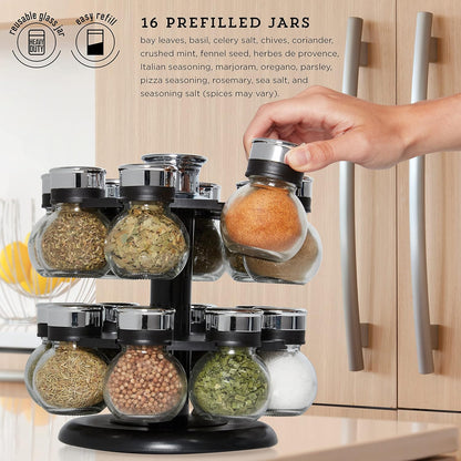 16 Jar Warner Revolving Countertop Spice Rack Organizer with Lift & Pour Caps and Spices Included, FREE Spice Refills for 5 years, Stainless Steel & Bamboo with Black Caps