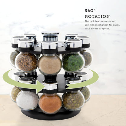 16 Jar Warner Revolving Countertop Spice Rack Organizer with Lift & Pour Caps and Spices Included, FREE Spice Refills for 5 years, Stainless Steel & Bamboo with Black Caps