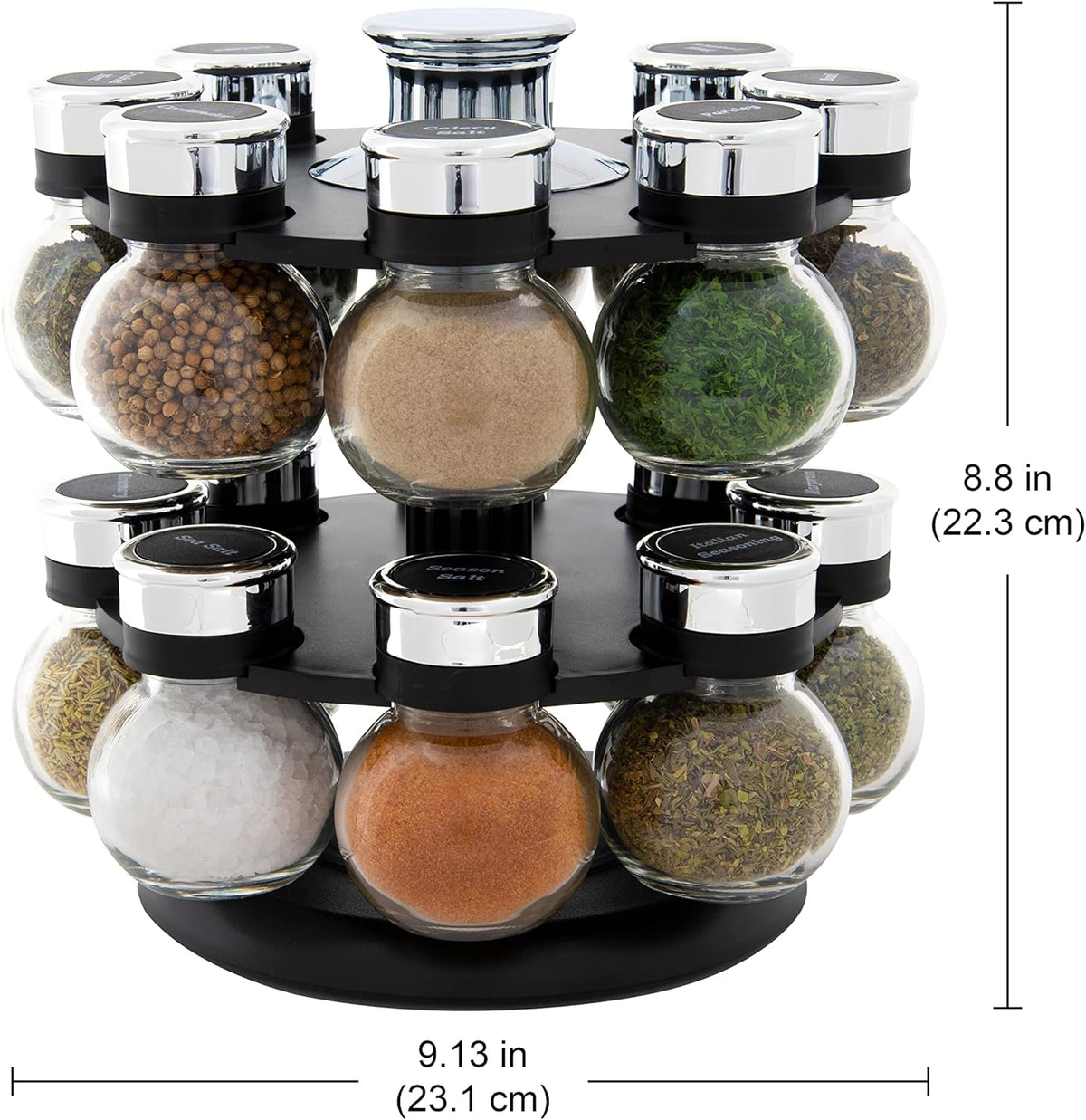 16 Jar Warner Revolving Countertop Spice Rack Organizer with Lift & Pour Caps and Spices Included, FREE Spice Refills for 5 years, Stainless Steel & Bamboo with Black Caps