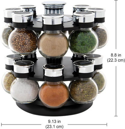 16 Jar Warner Revolving Countertop Spice Rack Organizer with Lift & Pour Caps and Spices Included, FREE Spice Refills for 5 years, Stainless Steel & Bamboo with Black Caps