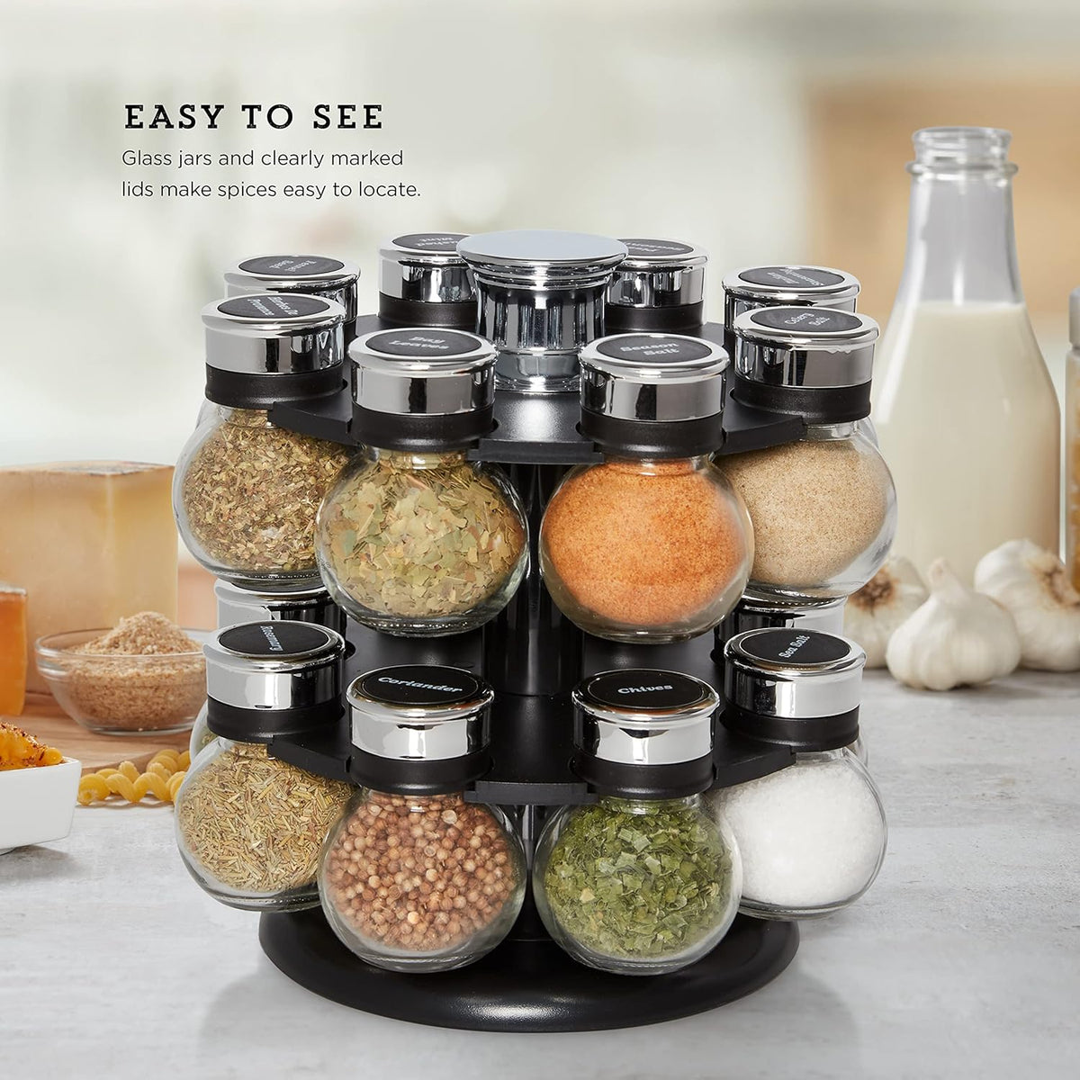 16 Jar Warner Revolving Countertop Spice Rack Organizer with Lift & Pour Caps and Spices Included, FREE Spice Refills for 5 years, Stainless Steel & Bamboo with Black Caps