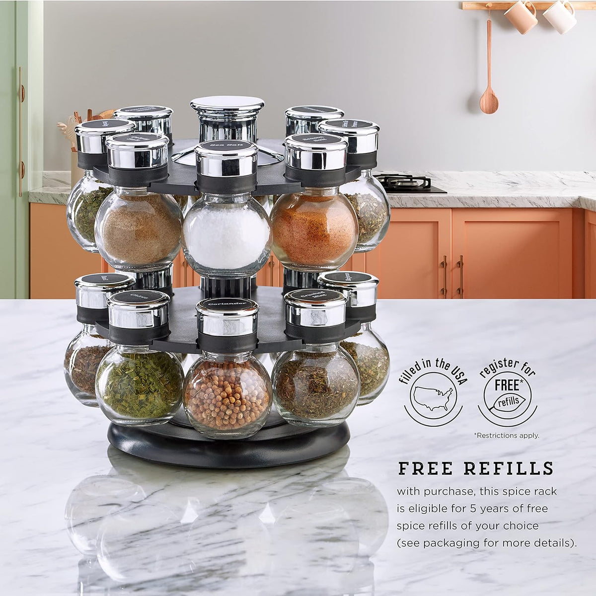16 Jar Warner Revolving Countertop Spice Rack Organizer with Lift & Pour Caps and Spices Included, FREE Spice Refills for 5 years, Stainless Steel & Bamboo with Black Caps