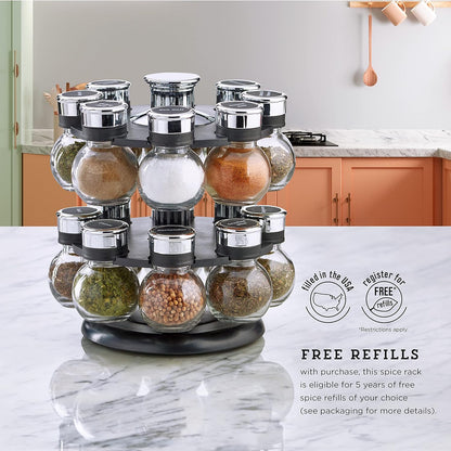 16 Jar Warner Revolving Countertop Spice Rack Organizer with Lift & Pour Caps and Spices Included, FREE Spice Refills for 5 years, Stainless Steel & Bamboo with Black Caps