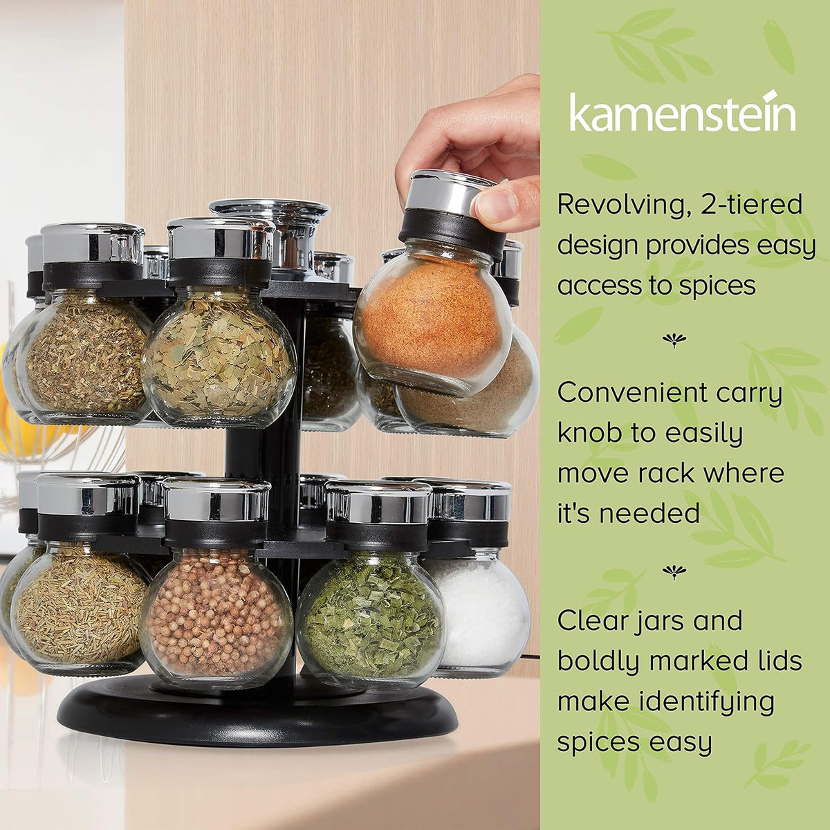 16 Jar Warner Revolving Countertop Spice Rack Organizer with Lift & Pour Caps and Spices Included, FREE Spice Refills for 5 years, Stainless Steel & Bamboo with Black Caps