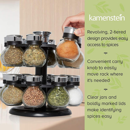 16 Jar Warner Revolving Countertop Spice Rack Organizer with Lift & Pour Caps and Spices Included, FREE Spice Refills for 5 years, Stainless Steel & Bamboo with Black Caps