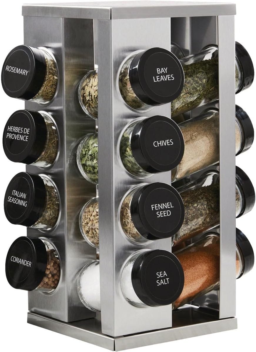 16 Jar Warner Revolving Countertop Spice Rack Organizer with Lift & Pour Caps and Spices Included, FREE Spice Refills for 5 years, Stainless Steel & Bamboo with Black Caps
