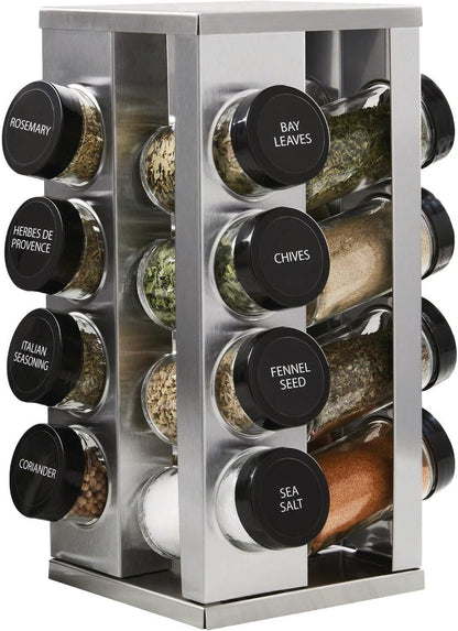 16 Jar Warner Revolving Countertop Spice Rack Organizer with Lift & Pour Caps and Spices Included, FREE Spice Refills for 5 years, Stainless Steel & Bamboo with Black Caps