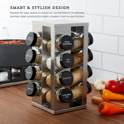 16 Jar Warner Revolving Countertop Spice Rack Organizer with Lift & Pour Caps and Spices Included, FREE Spice Refills for 5 years, Stainless Steel & Bamboo with Black Caps
