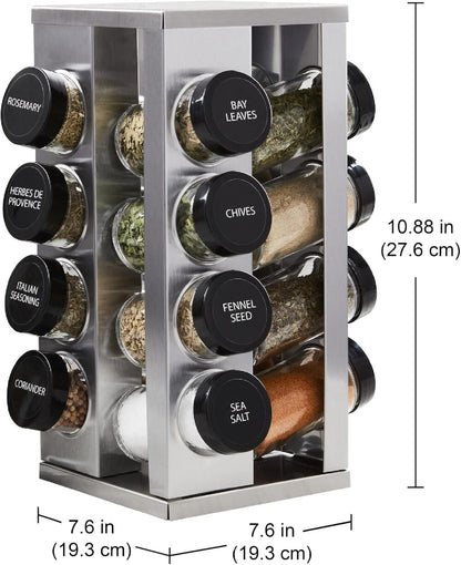 16 Jar Warner Revolving Countertop Spice Rack Organizer with Lift & Pour Caps and Spices Included, FREE Spice Refills for 5 years, Stainless Steel & Bamboo with Black Caps