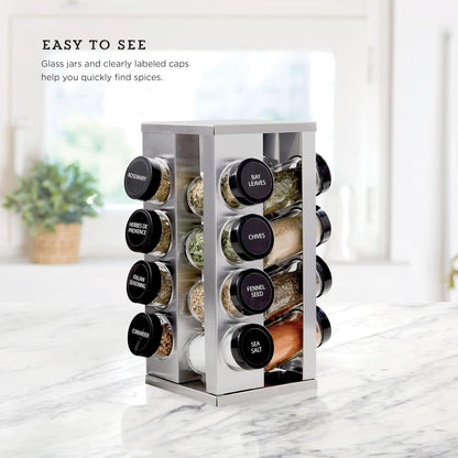 16 Jar Warner Revolving Countertop Spice Rack Organizer with Lift & Pour Caps and Spices Included, FREE Spice Refills for 5 years, Stainless Steel & Bamboo with Black Caps