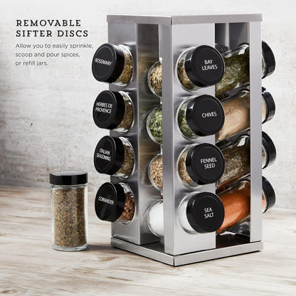 16 Jar Warner Revolving Countertop Spice Rack Organizer with Lift & Pour Caps and Spices Included, FREE Spice Refills for 5 years, Stainless Steel & Bamboo with Black Caps