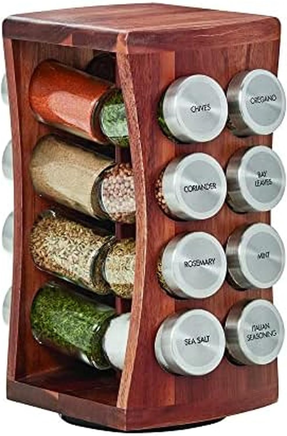16 Jar Warner Revolving Countertop Spice Rack Organizer with Lift & Pour Caps and Spices Included, FREE Spice Refills for 5 years, Stainless Steel & Bamboo with Black Caps