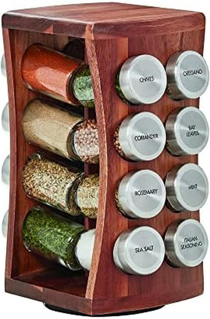 16 Jar Warner Revolving Countertop Spice Rack Organizer with Lift & Pour Caps and Spices Included, FREE Spice Refills for 5 years, Stainless Steel & Bamboo with Black Caps