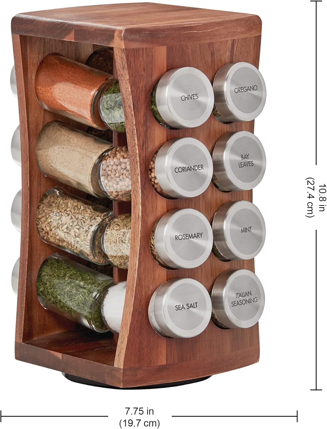 16 Jar Warner Revolving Countertop Spice Rack Organizer with Lift & Pour Caps and Spices Included, FREE Spice Refills for 5 years, Stainless Steel & Bamboo with Black Caps