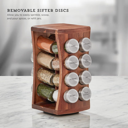 16 Jar Warner Revolving Countertop Spice Rack Organizer with Lift & Pour Caps and Spices Included, FREE Spice Refills for 5 years, Stainless Steel & Bamboo with Black Caps