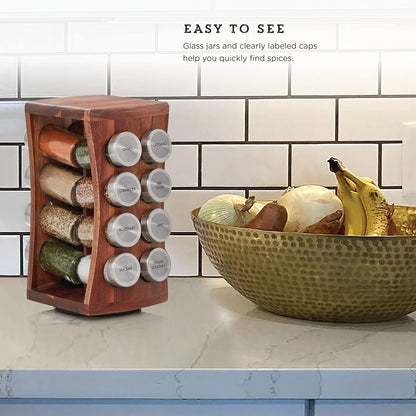 16 Jar Warner Revolving Countertop Spice Rack Organizer with Lift & Pour Caps and Spices Included, FREE Spice Refills for 5 years, Stainless Steel & Bamboo with Black Caps