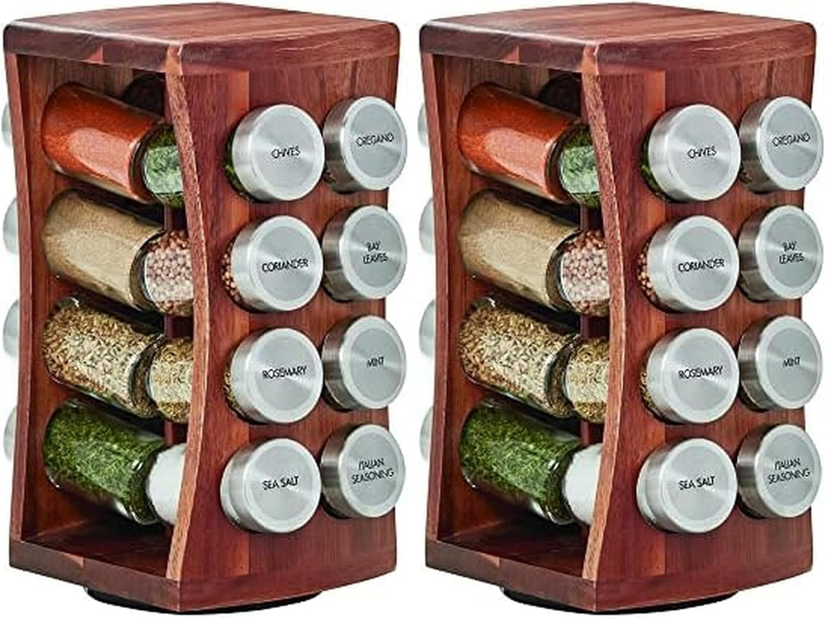 16 Jar Warner Revolving Countertop Spice Rack Organizer with Lift & Pour Caps and Spices Included, FREE Spice Refills for 5 years, Stainless Steel & Bamboo with Black Caps