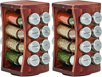 16 Jar Warner Revolving Countertop Spice Rack Organizer with Lift & Pour Caps and Spices Included, FREE Spice Refills for 5 years, Stainless Steel & Bamboo with Black Caps