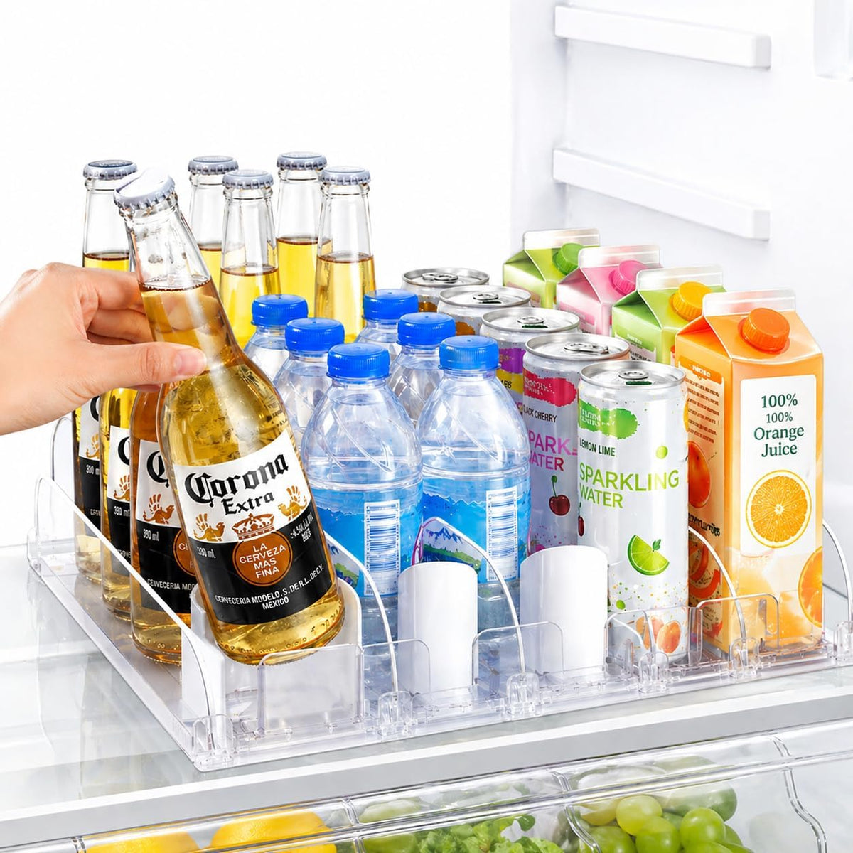 Stackable Soda Can Organizer for Refrigerator, Automatic Drink Dispenser with Pusher, Holds 25–30 Cans, 4 Row Fridge Organizer, Adjustable Beverage Rack, Easy Access Storage