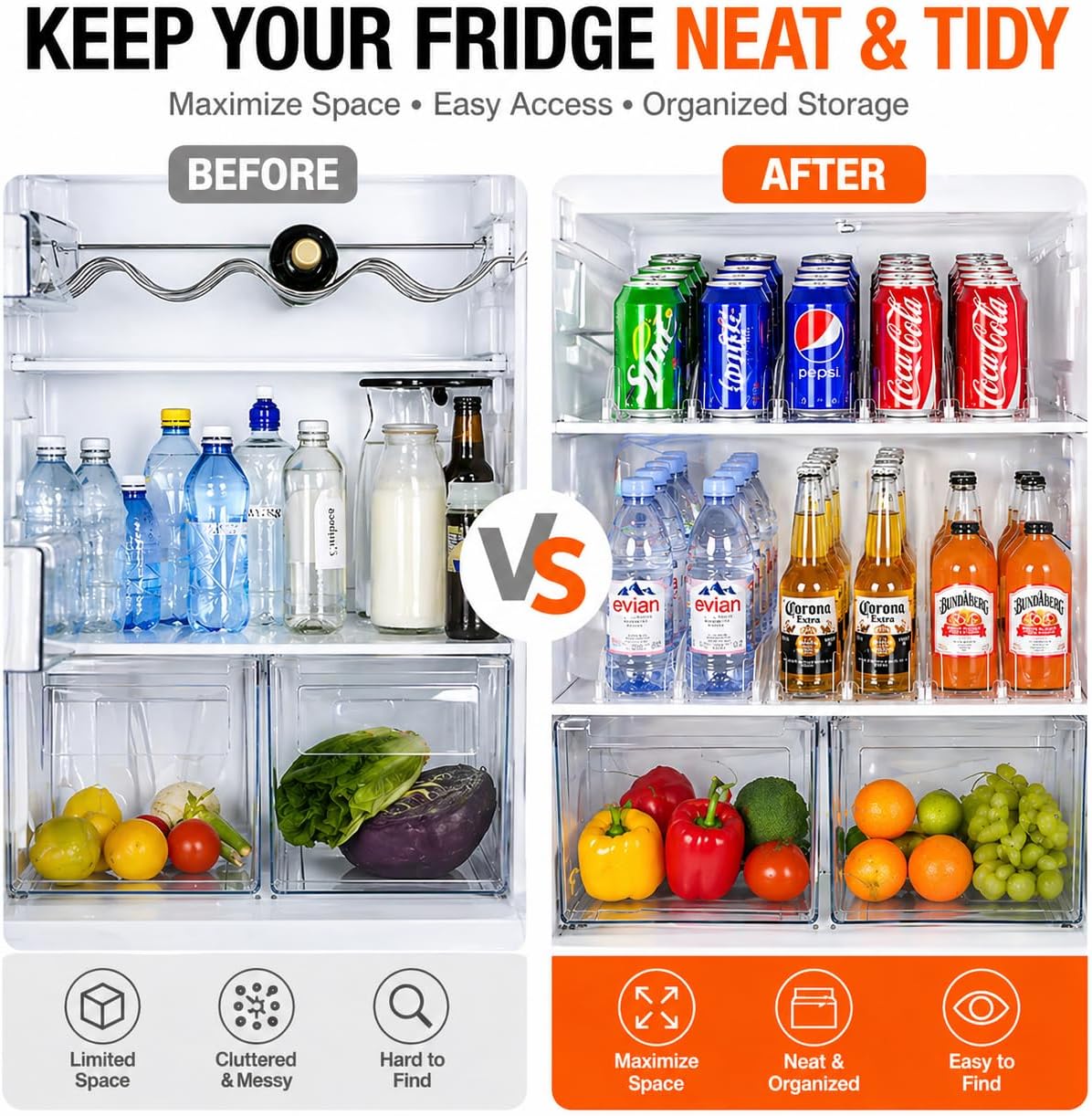 Stackable Soda Can Organizer for Refrigerator, Automatic Drink Dispenser with Pusher, Holds 25–30 Cans, 4 Row Fridge Organizer, Adjustable Beverage Rack, Easy Access Storage