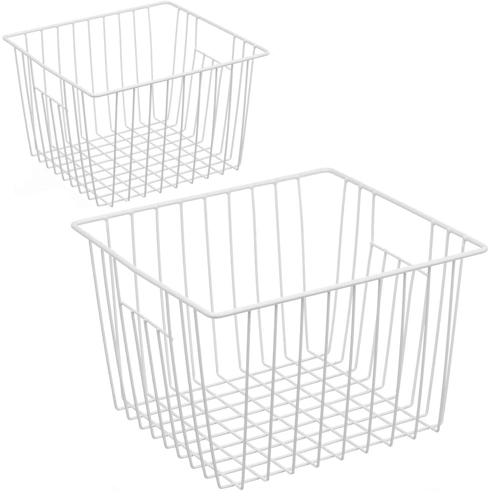 Deep Refrigerator Freezer Baskets, Large Household Wire Storage Basket Bins Organizer with Handles for Kitchen, Pantry, Freezer, Cabinet, Closets, Pearl White, Set of 2