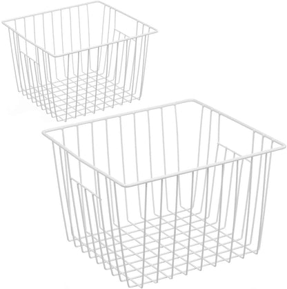 Deep Refrigerator Freezer Baskets, Large Household Wire Storage Basket Bins Organizer with Handles for Kitchen, Pantry, Freezer, Cabinet, Closets, Pearl White, Set of 2