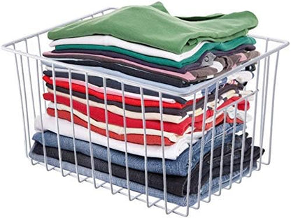 Deep Refrigerator Freezer Baskets, Large Household Wire Storage Basket Bins Organizer with Handles for Kitchen, Pantry, Freezer, Cabinet, Closets, Pearl White, Set of 2
